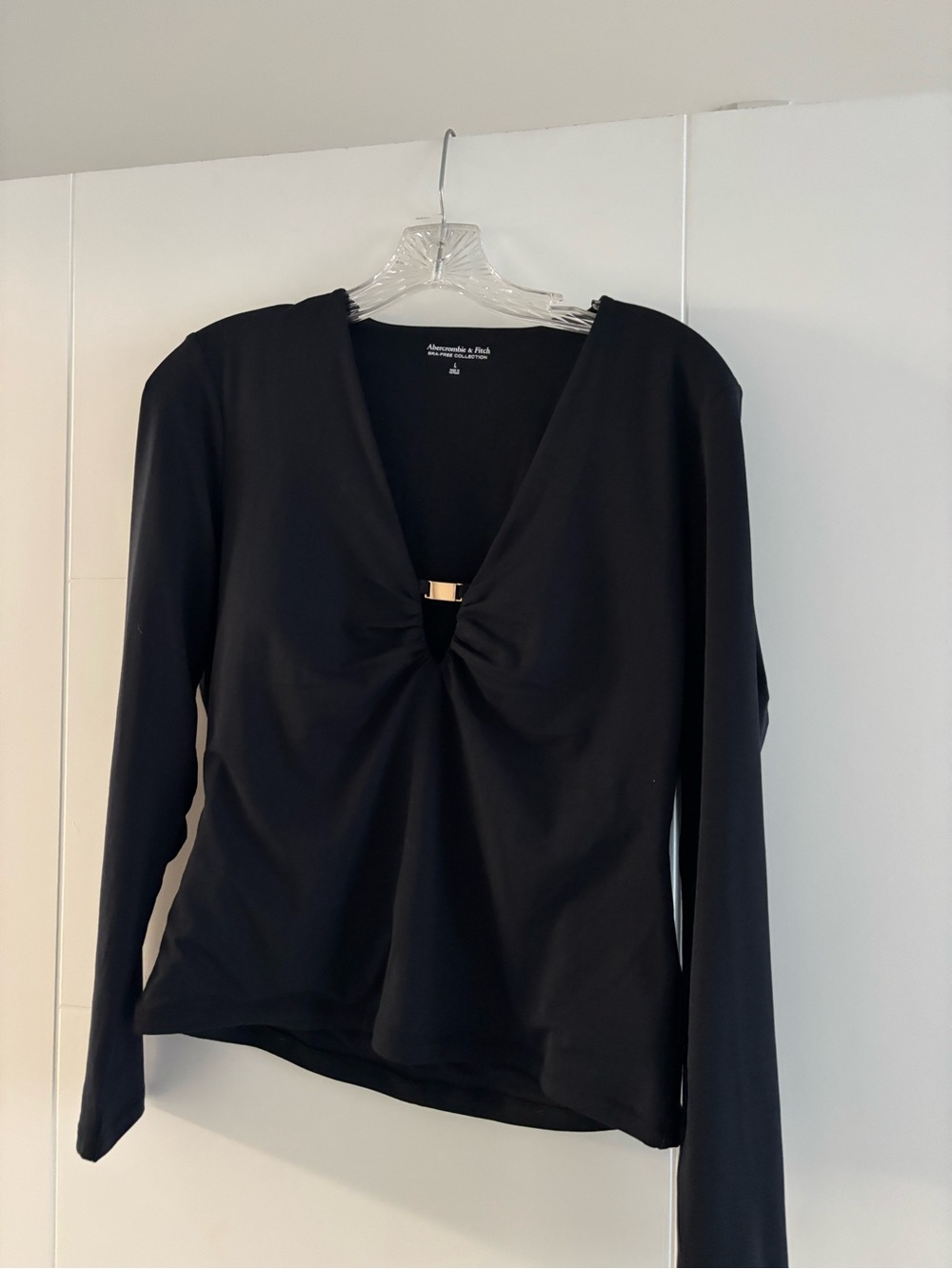 Abercrombie & Fitch Black Long-Sleeve V-Neck Top with Gold Accent